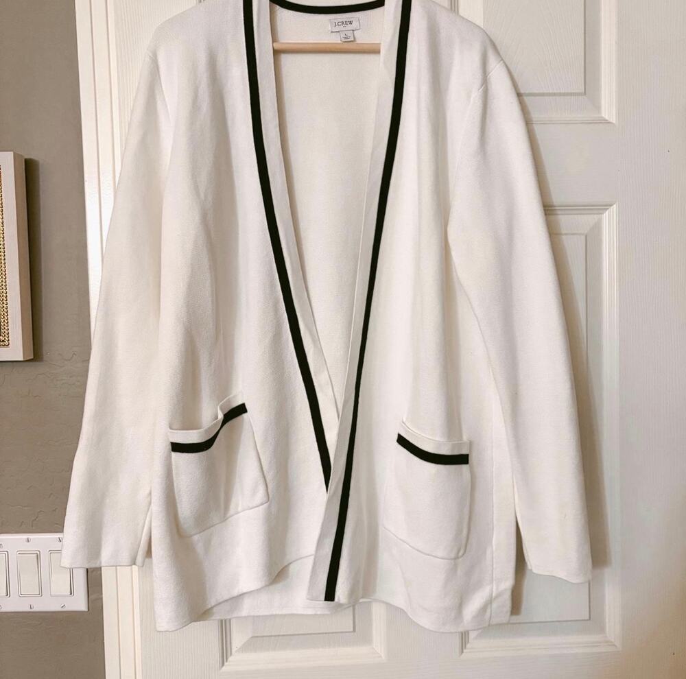 J CREW White Black Contrast Open Cardigan Sweater  Size Large 100% Cotton